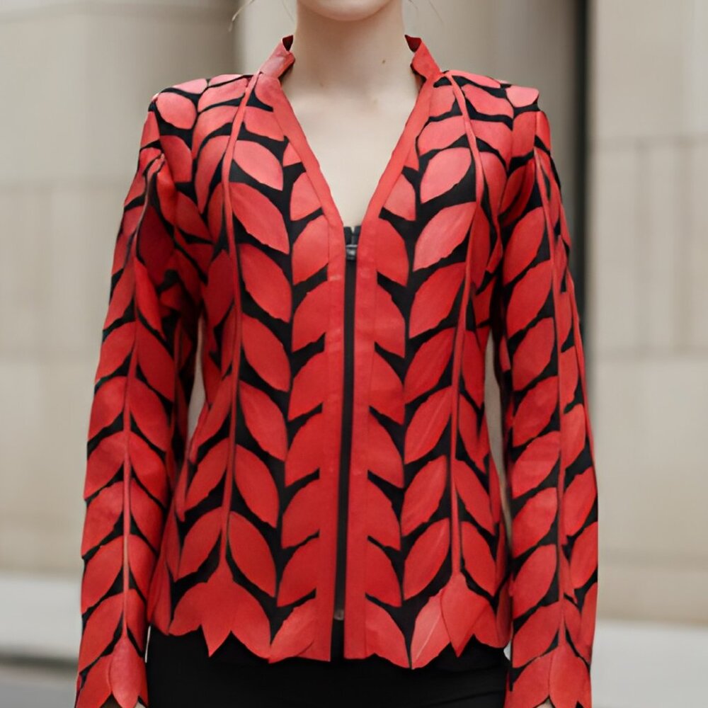 Jacket Women's Sheer Blouse Top Shirt Outfit Handmade Light Leather Leaf Pattern